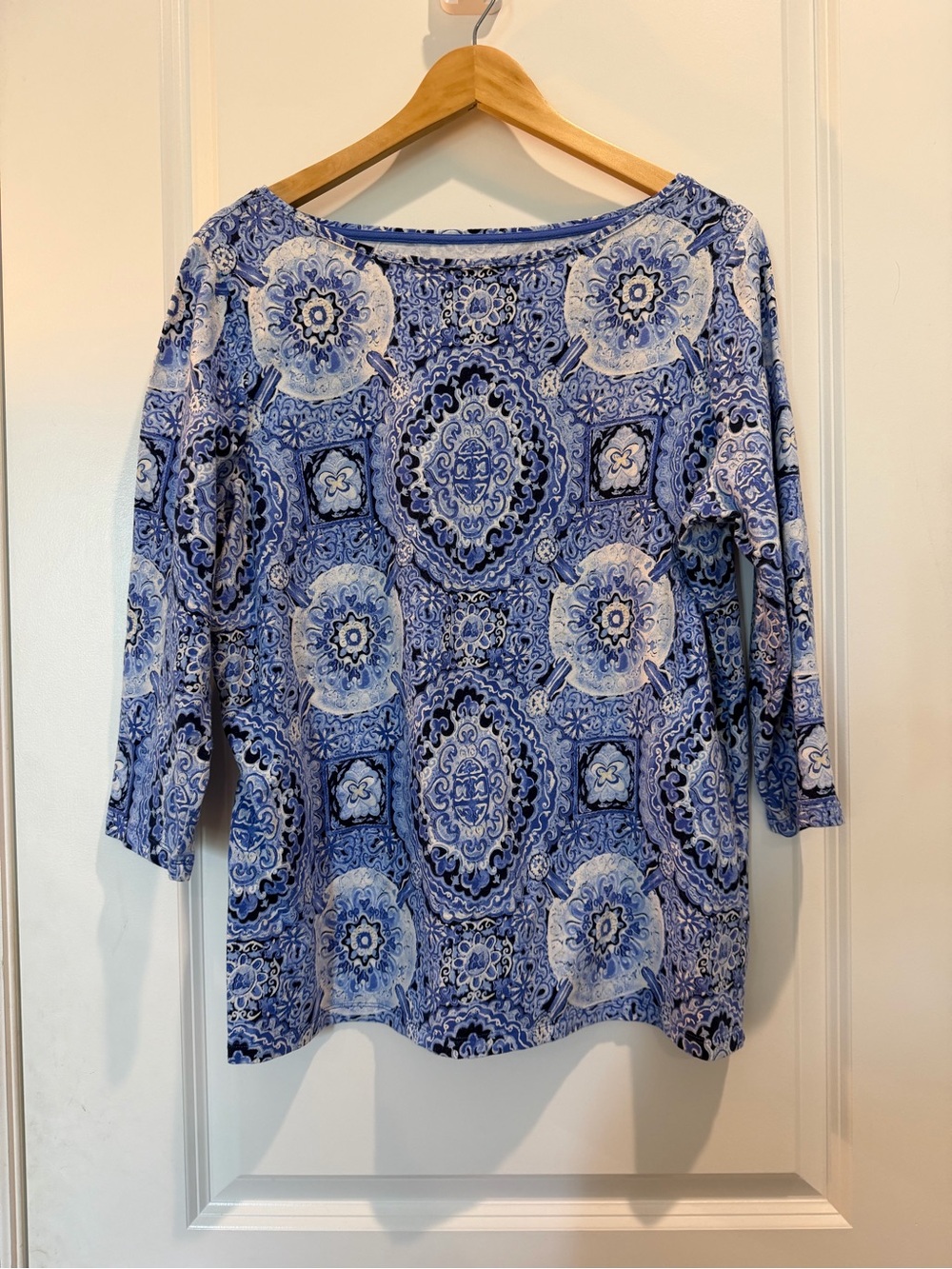 Talbots Plus 1X Blue Medallion Tile Print Boat Neck 3/4 Sleeve Cotton Stretch